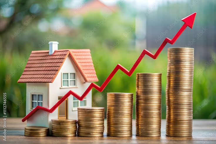 investment property gains a symbolic house placed on a bar graph with an upward red